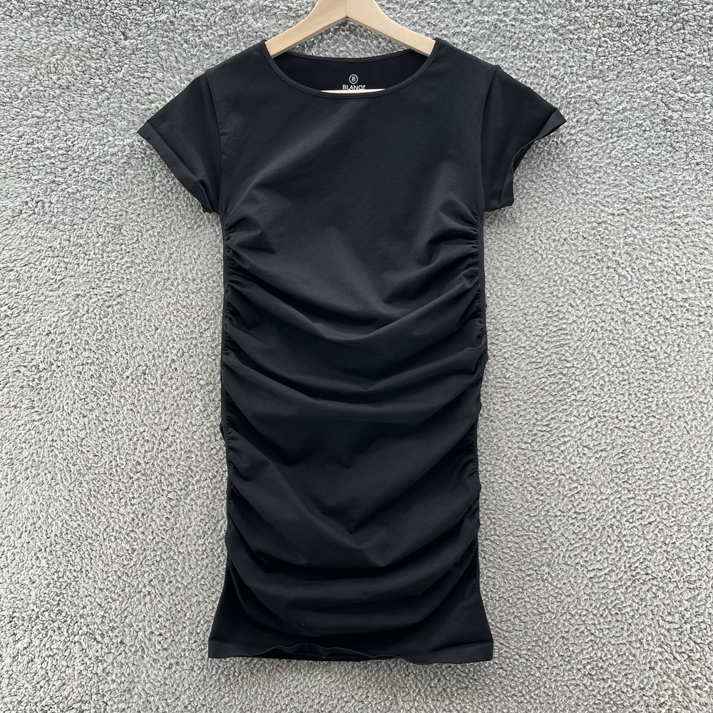 Blanqi Maternity Dress Small Black Knit Stretch Short Sleeve Ruched Bodycon Mini